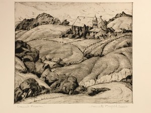 Jeannette Maxfield Lewis - "Carmel Mission" - Drypoint - 5 7/8" x 7" - Plate: Signed and dated lower right<br>Pencil titled and signed<br>Edition: 10<br><br>Exhibition Catalogue: 'Jeannette Maxfield Lewis: A Centennial Celebration' MPMA/1994. #60 in Catalogue Raisonne: The Complete Etchings by Anthony R. White. <br><br>Jeannette Maxfield Lewis began experimenting with printmaking under Armin Hansen in 1931, first with small drypoints, later moving into etching. She and her husband soon began a collaborative effort in the production of her prints; under the initial supervision of Hansen, Mr. Lewis became Jeannette's printer and chief critic. Working on-site continued to be an integral part of creating the etching or drypoint and Lewis' reputation in this medium grew rapidly.