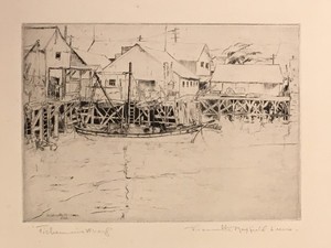 Jeannette Maxfield Lewis - "Fishermen's Wharf" - Drypoint - 4 7/8" x 6 7/8" - Signed and dated lower left.
<br>Pencil titled and signed
<br>Edition: 15
<br>
<br>
<br>In: Exhibition Catalogue: 'Jeannette Maxfield Lewis: A Centennial Celebration' MPMA/1994. #19 in Catalogue Raisonne: The Complete Etchings by Anthony R. White. 
<br>
<br>Jeannette began experimenting with printmaking under Armin Hansen in 1931, first with small drypoints, later moving into etching. She and her husband soon began a collaborative effort in the production of her prints; under the initial supervision of Hansen, Mr. Lewis became Jeannette's printer and chief critic. Working on-site continued to be an integral part of creating the etching or drypoint and Lewis' reputation in this medium grew rapidly.
<br>
<br>Her first exhibition of etchings took place at the Society of American Etchers 1932 Annual; she submitted four prints, and "Fisherman's Wharf" was accepted.