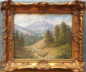 William F. Jackson - "Castle Peak in the Sierras" - Oil on board - 7 3/4" x 10 1/2" - Signed lower left
<br>Artist's title on reverse
<br>
<br>"…Sacramento's leading painter during the late nineteenth and early-twentieth century. Jackson launched into a career as a landscape painter, whose early works show the influence of his friend William Keith. His paintings often depict subjects near his favorite retreat in the Sierra Nevada, the Soda Springs/North Fork of the American River area. 
<br>
<br>In 1885 he became the curator of the newly-founded Crocker Art Gallery in Sacramento and served in that role for the next fifty years."
<br>
<br>Exerpt from: Meadows and Mountains/The Art of William F. Jackson by Alfred C. Harrison, Jr. - The North Point Gallery, San Francisco, 2009.