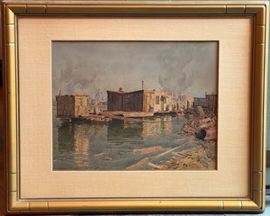 Gunnar Widforss - "Ark in the Oakland Estuary" - Watercolor - 16" x 20" - Notarized estate provenance on reverse<br><br>Will be included in 'Gunnar Widforss Catalogue Raisonne' <br>by Alan Peterson<br>Catalogue entry #616<br><br><br><br>In a letter to his mother, Blenda, dated December 5, 1928, Widforss referred to painting the harbor and old houses in Oakland. The improvised community of houseboats and "arks," as they were referred to, was home to artists, musicians, and bohemians in general.