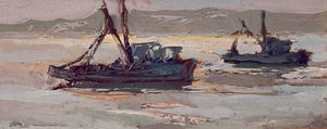 S.C. Yuan - "Fishing Boats - Monterey" - Oil on board - 7 1/2" x 18 1/4"