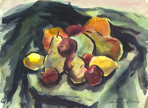 Samuel  Bolton Colburn - "Still Life with Fruit" - Watercolor - 14 1/4" x 20" - Signed lower right<br>Double-sided: Houses and Cypress<br><br><br>Reproduced in OLLI@CSUMB/Fall Catalogue-2022, BACK COVER