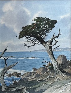 James March Phillips - "Cypress near Pebble Beach" - Watercolor - 22 1/4" x 17 1/4" - Signed lower left
<br>
<br>During the 1940s and 1950s, Phillips produced watercolor and gouache paintings depicting California landscape and seascape subjects. He was a prolific painter of San Francisco scenes, landscapes of Sonoma and Napa and coastal views of Pebble Beach and Point Lobos.