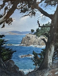 James March Phillips - "Cypress - view to Point Lobos" - Watercolor - 22 1/4" x 17 1/4" - Signed lower left
<br>
<br>Born in Fresno, California, James March Phillips first studied in San Francisco at the Jean Turner Art Academy. He later studied under Louis J. Rogers, Alfred Owles and J. Paget Fredricks. An avid outdoorsman, he painted many watercolor landscapes of the Monterey Peninsula, with his paintings of coastal views of Pebble Beach and Point Lobos, Pebble Beach Golf Links and Cypress Point Club finding particular favor. Phillips exhibited widely and with success, and his paintings are held in collections across the United States.