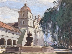 Carl Oscar Borg - "Mission Santa Barbara" - Gouache on board - 6 1/4" x 8 1/4" - Signed lower left
<br>
<br>Carl Oscar Borg sailed from his homeland in Sweden for the U.S. in 1901. He discovered Santa Barbara in 1903 as he made his way from San Francisco to Los Angeles. California provided the opportunity, support, and the spiritual environments, which permitted his talents to unfold, and his genius to develop. He enjoyed sailing out to the Channel Islands and often camped out weeks at the time to paint. 
<br>
<br>He taught art at the California Art Institute in Los Angeles, and at the Santa Barbara School of the Arts. He was the first art director for major Hollywood studios and worked with Sam Goldwyn, Douglas Fairbanks and Cecil B. DeMille. 
<br>
<br>He was a protégé of Phoebe Hearst, friend of personalities like Edward Borein, Thomas Moran and Charles M. Russell, could create any subject in any medium, and do it well. He was most successful and highly regarded during his lifetime, receiving numerous awards and medals.