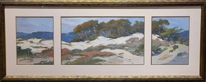 Mary DeNeale Morgan - "Sand Dunes and Cypress" - Tempera on paper - 13 3/4" x 35" overall including frame - Signed lower center right
<br>Triptych panel dimensions:
<br>8" x 6 1/4"   8" x 14"   8" x 6 1/4"
<br>Original carved gilt frame