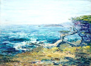 Lillie May Nicholson - "Wind Blown Cypress Tree" -Monterey Peninsula- - Oil on board - 12"x16" - Signed lower left; titled on reverse