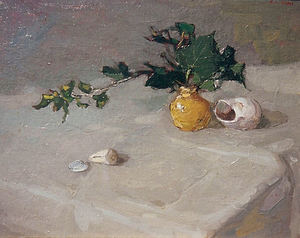 S.C. Yuan - "Still-Life With Leaves In Vase- - Oil on canvas/board - 16"x20"