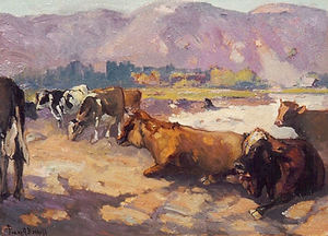 Franz A. Bischoff - "Cattle Near the Arroyo Seco" - Oil on canvasboard - 15" x 20"