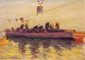 Burton S. Boundey - "Unloading Sardines, Monterey" - Oil on board - 9 1/2" x 12 1/2"