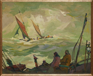 The foreground depicts two fishermen aboard their fishing boat watching two fishing boats in the distance being thrown back and forth by the force of the waves.