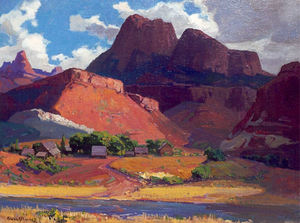 Franz A. Bischoff - "Scattered Farms on the River Bank, Utah" - Oil on canvas - 30" x 40"