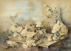 Franz A. Bischoff - Still-Life With Roses - Watercolor - 22 1/4" x 30 3/4" - Signed and dated 1890 lower right<br>Framed by Richard Tobey Fine Frames, Los Angeles, California<br><br><br>As a china painter, Bischoff was most famous for his roses, and became known as the "King of the Rose Painters". This watercolor was painted the year that he and Bertha Greenwald were married in Fostoria, Ohio.