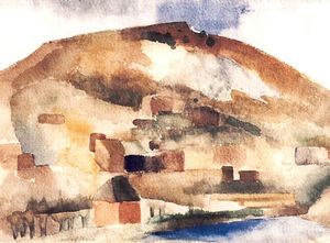 Willard Ayer Nash - "Adobes On Hillside With Lake" -Santa Fe- - Watercolor - 11" x 14"