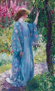 Guy Rose - "The Blue Kimono" - Oil on canvas - 31" x 19" - Signed lower right<br>Signed and titled on reverse<br><br><br>Exhibited: Stendahl Galleries; Crocker Art Museum; Laguna Art Museum; Dixon Gallery andGardens; The Montclair Art Museum; The Oakland Museum; The Irvine Museum; Greenville County Museum of Art; San Diego Museum of Art…