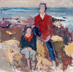 S.C. Yuan - "Figures At The Beach" - Oil on canvas - 37" x 37" - Signed lower right<br><br><br>Exhibited:<br>Carmel Art Association/'95 Years' - A Commemorative Exhibition Catalog of Selected Works Honoring Late CAA Artist Members: 1927/2022<br><br>Illustrated page 32, plate 45-B.