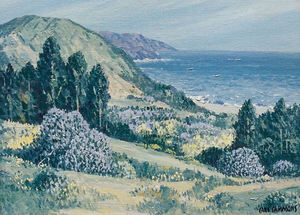Carl Sammons - "Carmel-by-the-Sea" -with Bush Lupine and Eucalyptus- - Oil on canvasboard - 12" x 16"