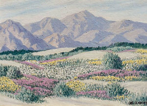 Carl Sammons - "Mountains, Primroses, Verbenas and Desert Gold" -Palm Springs- - Oil on canvasboard - 12" x 16"