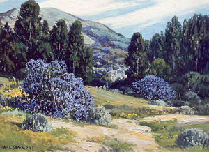 Carl Sammons - "California Springtime with Bush Lupine and Eucalyptus" - Oil on canvasboard - 12" x 16"