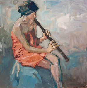 S.C. Yuan - "Girl Playing Flute" - Oil on canvas - 36" x 36"