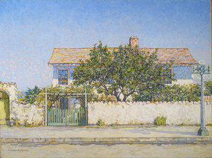 Evelyn McCormick - "Casa Bonifacio" - Monterey - Oil on canvas - 36" x 48" - Signed lower left<br><br>Illustrated: A Bohemian Life-Evelyn McCormick/American Impressionist (1862-1948) by Nelda Hirsh, 2013. Page 197.<br><br>This commanding canvas illustrates one of the most famous homes in Monterey, built in 1835 on Alvarado Street. It was named, as legend goes, from the planting of a rose by General Sherman for Senorita Maria Bonifacio. <br><br>Arriving in Monterey in 1879, Robert Louis Stevenson was often a visitor at Casa Bonifacio while courting his future wife Fanny Osbourne, residing there at the time.<br><br>In 1922 it was moved brick by brick and was re-built by the renowned artist, Percy Gray, as their residence a few miles away on Mesa Road, where it stands today in all it beauty.