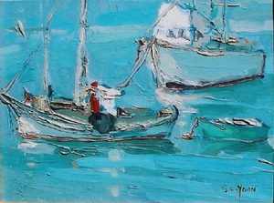 S.C. Yuan - "Three Boats in Monterey Bay" - Oil on masonite - 8"x10"